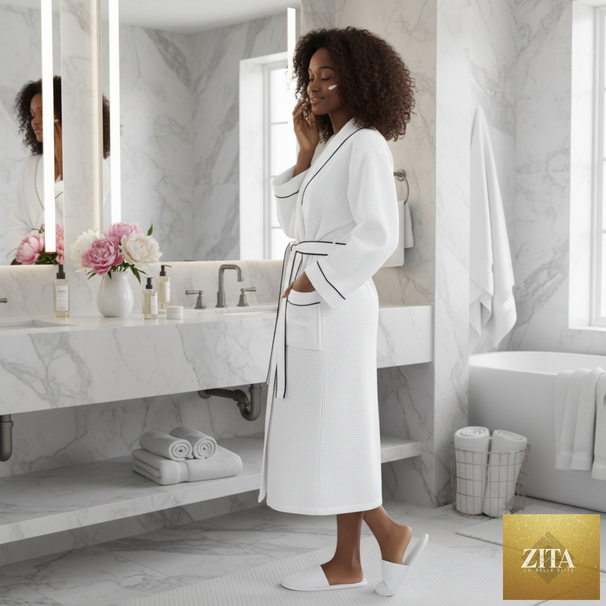 White women's waffle piping bathrobe by Lotus Linen, lightweight spa-style robe with soft, textured fabric for comfort.