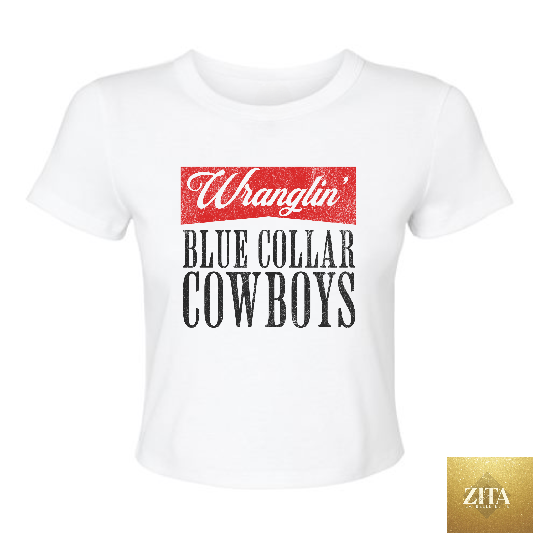 White crop tee with Western cowgirl graphic from Hey Jude Graphic Tees, featuring blue collar cowboy design on a white background.