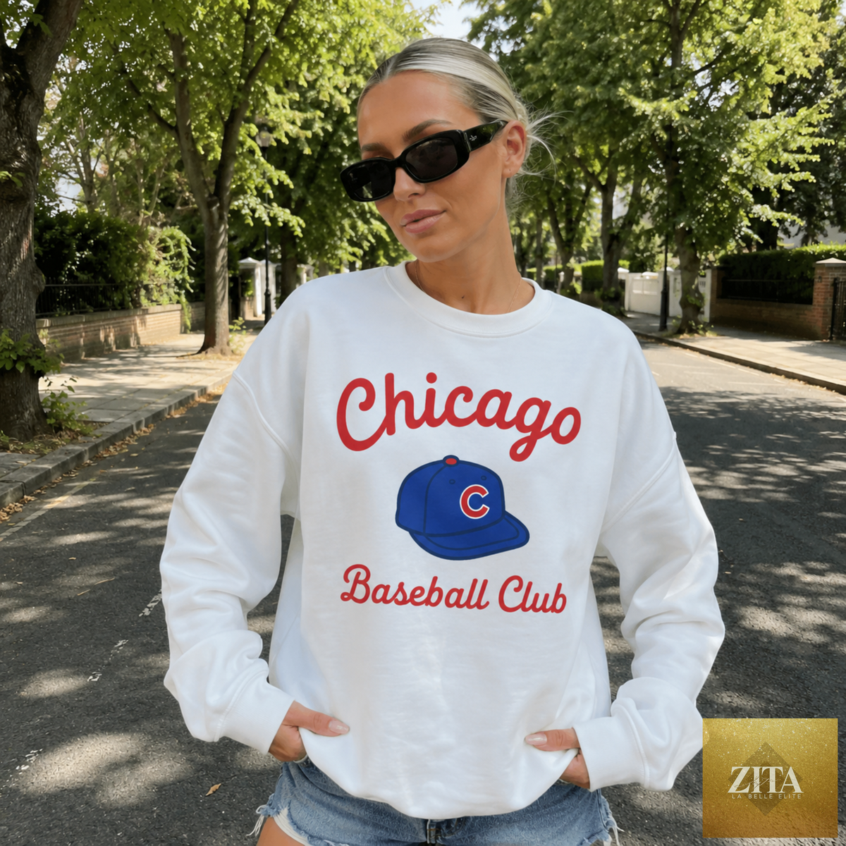 White Chicago Baseball Club sweatshirt by Hey Jude Graphic Tees featuring a vintage team logo on the front.
