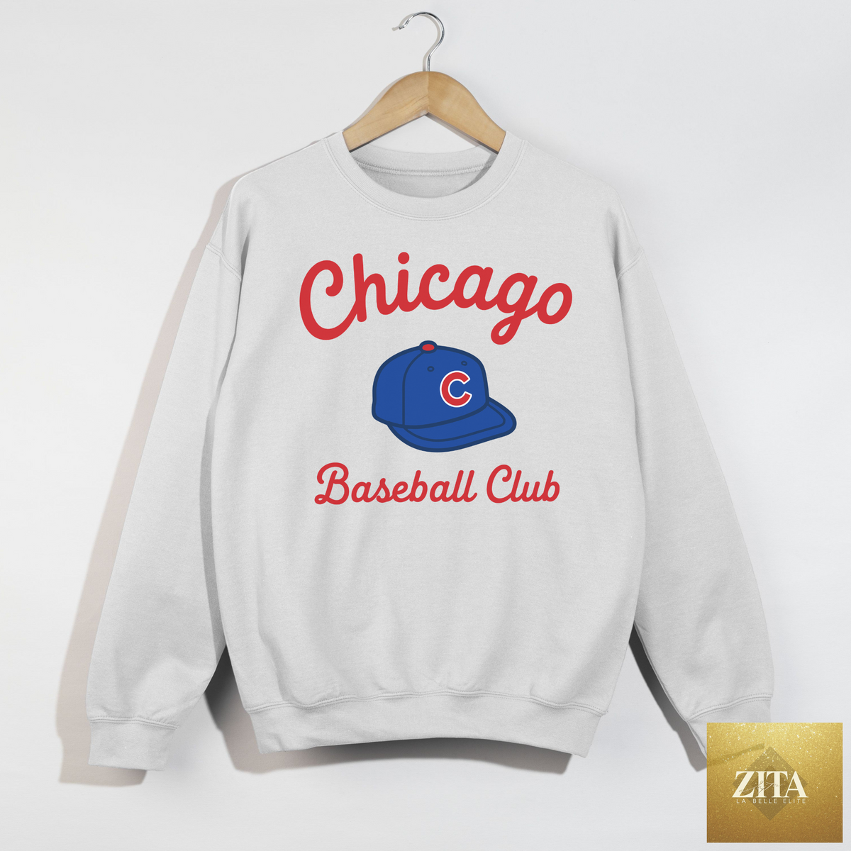 White Chicago Baseball Club sweatshirt by Hey Jude Graphic Tees featuring team logo and baseball-inspired design.