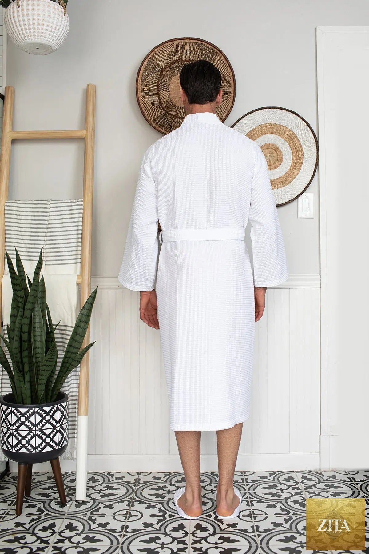 White Lotus Linen men's waffle spa bathrobe, lightweight and absorbent, perfect for relaxing at home or hotel stays.