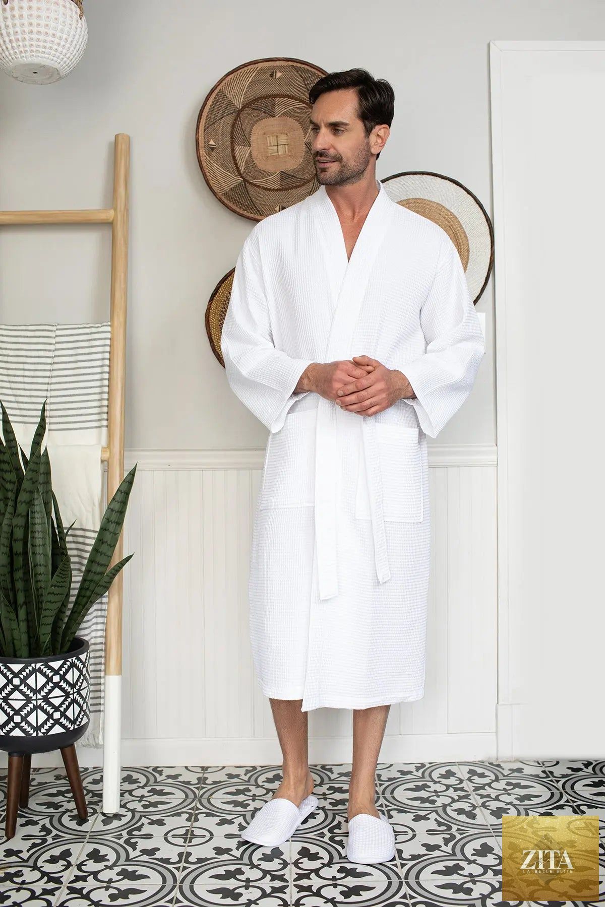 Lotus Linen men's waffle spa bathrobe, lightweight and absorbent, shown in a white, cozy robe suitable for relaxing at home.