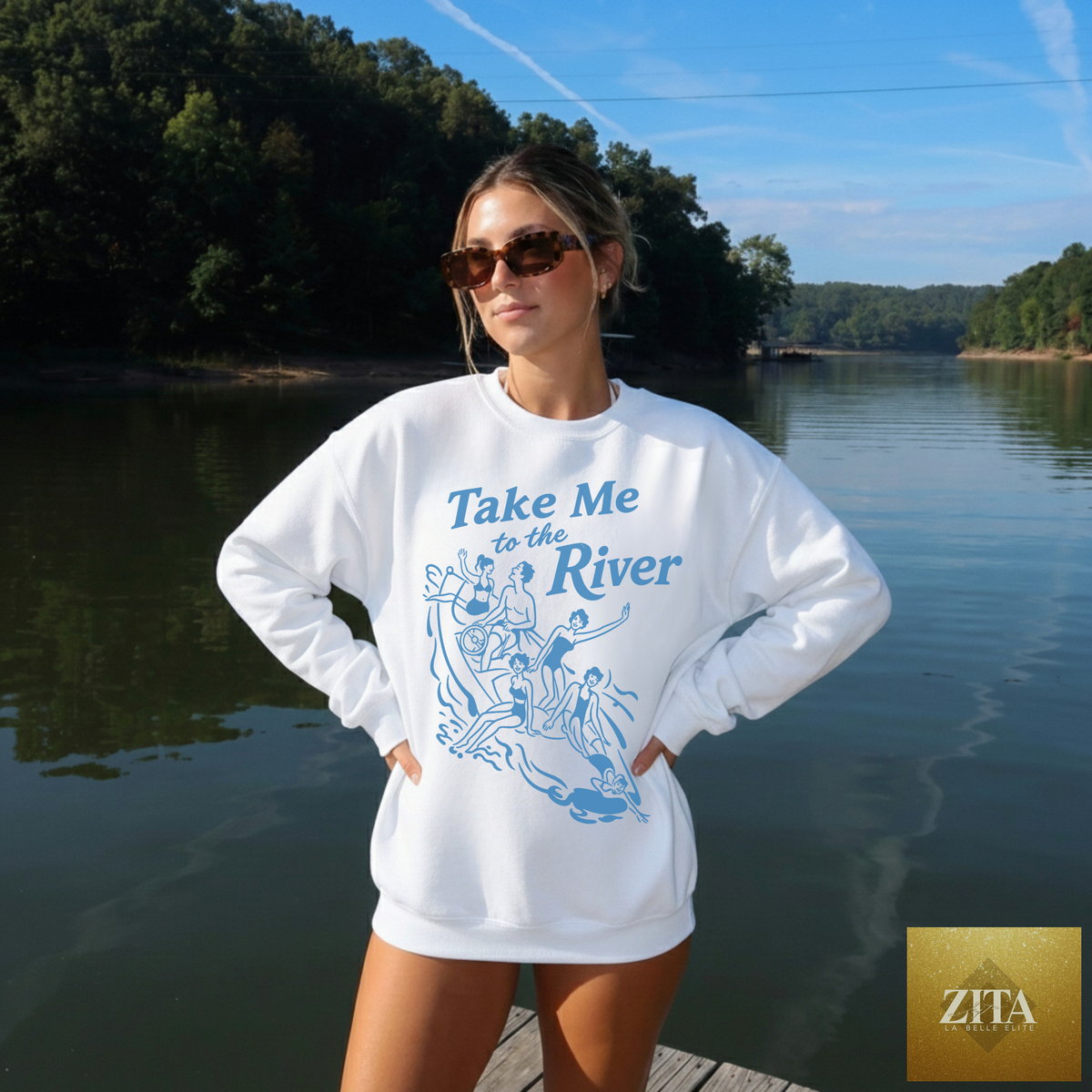 White "Take Me to the River" sweatshirt by Hey Jude Graphic Tees featuring a casual, comfortable design with printed text on the front.