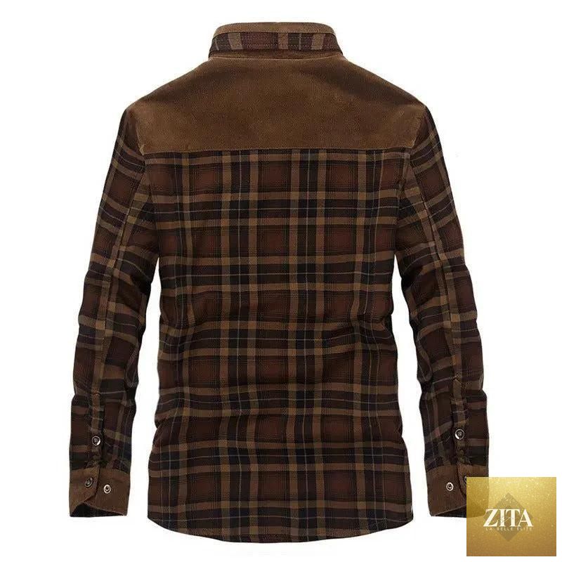 Men's winter jacket by MANDOTOS featuring thick warm fleece, pure cotton plaid design, and military-inspired coat style.