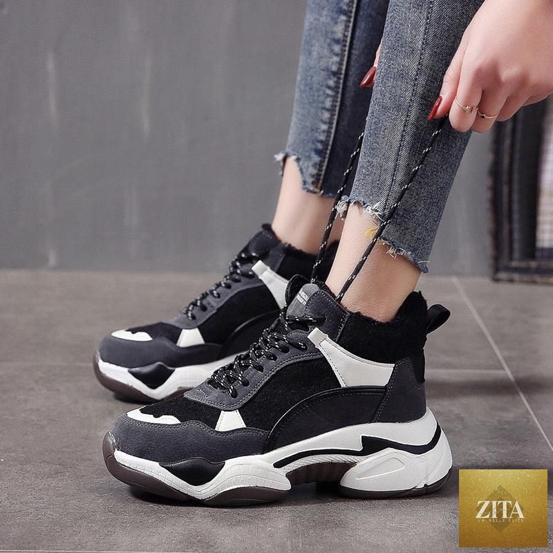 Winter women's Stevvex sneakers with breathable fabric, warm fur lining, anti-slip sole, and modern high heel design.