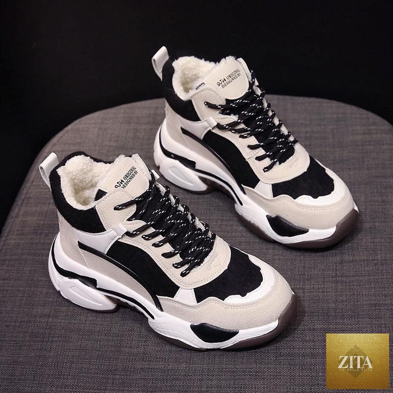 Winter women's Stevvex sneakers with breathable fabric, warm fur lining, anti-slip sole, and high-heel design for casual winter wear.