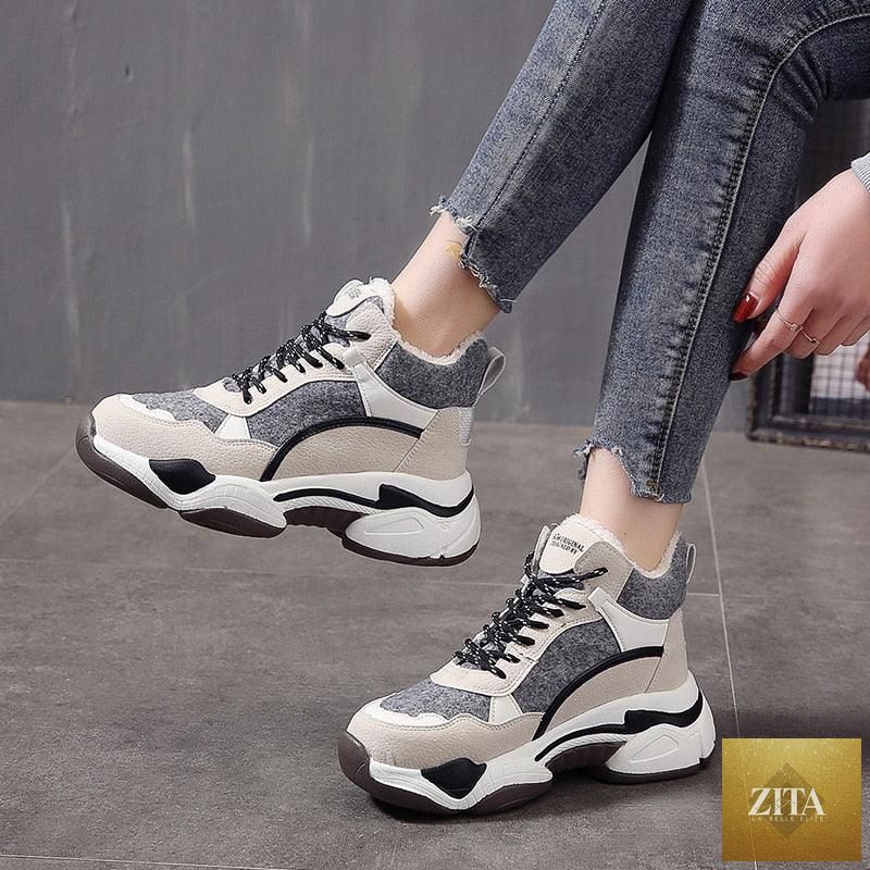 Stevvex women's winter sneakers with breathable fabric, warm fur lining, anti-slip soft soles, and stylish high heel design.