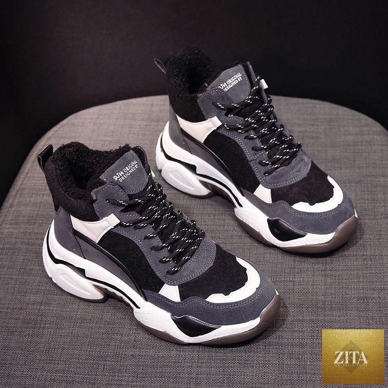 Stevvex women's winter sneakers with breathable fabric, warm fur lining, anti-slip sole, high heels, and casual running style.