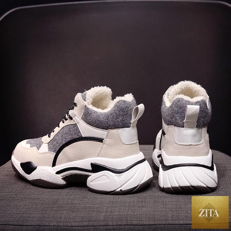 Stevvex winter women's sneakers with breathable fabric, warm fur lining, anti-slip sole, and high heels, ideal for casual winter wear.