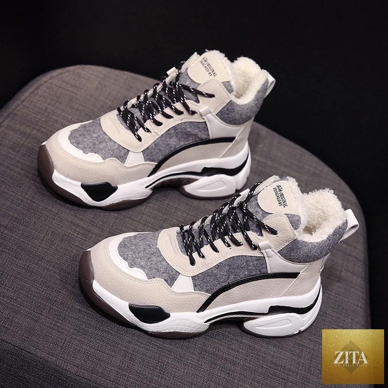 Stevvex winter women's sneakers with breathable fabric, warm fur lining, anti-slip sole, and high heel design, suitable for casual winter wear.