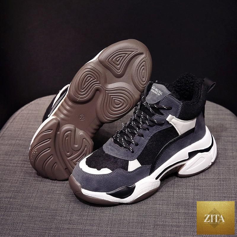 Stevvex women's winter sneakers with breathable fabric, soft soles, warm fur lining, anti-slip grip, and high heel design.