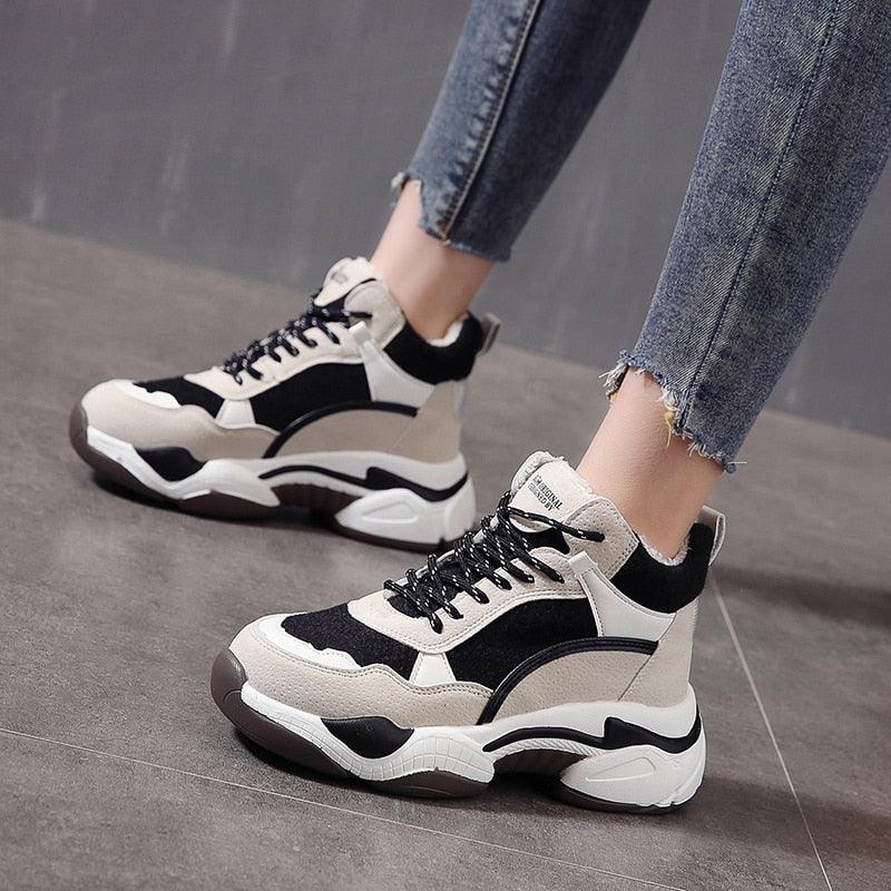 Stevvex women's winter sneakers with breathable fabric, warm fur lining, anti-slip sole, high heels, and casual running style.