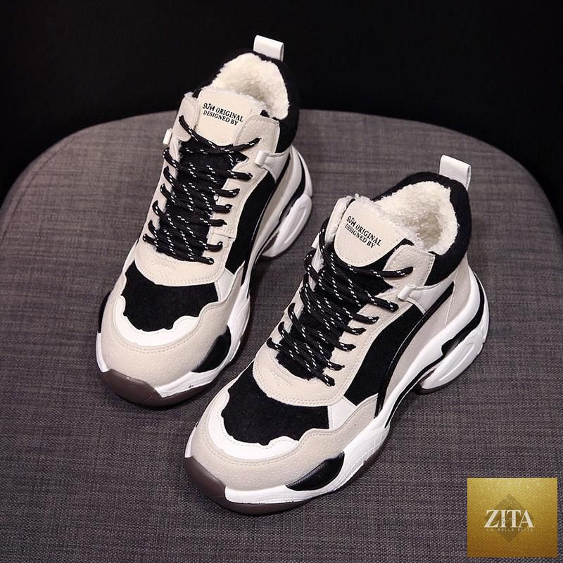 Stevvex winter women's sneakers with breathable fabric, warm fur lining, anti-slip sole, casual high heels, and soft cushioned sole.