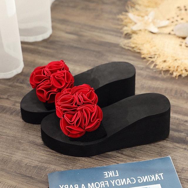 Women Stevvex bow summer sandals with high heels, platform flip-flops, floral design, indoor and outdoor beach shoes.