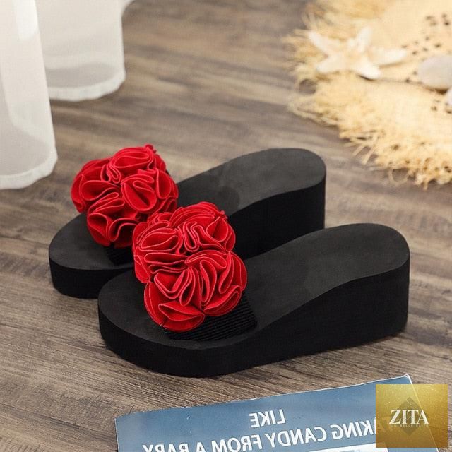 Women Stevvex bow summer sandals with high heels, platform flip-flops, floral design, indoor and outdoor beach shoes.