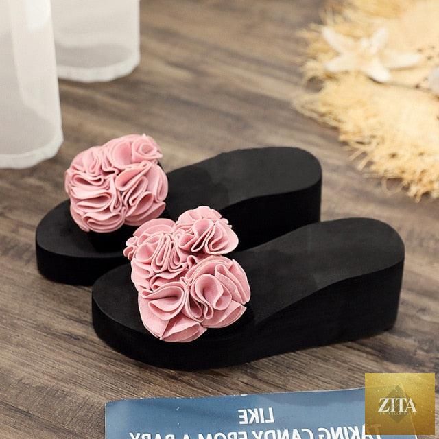 Women Stevvex Bow Summer Sandals with high heels, platform, floral design, indoor-outdoor flip-flops, perfect for beach and casual wear.