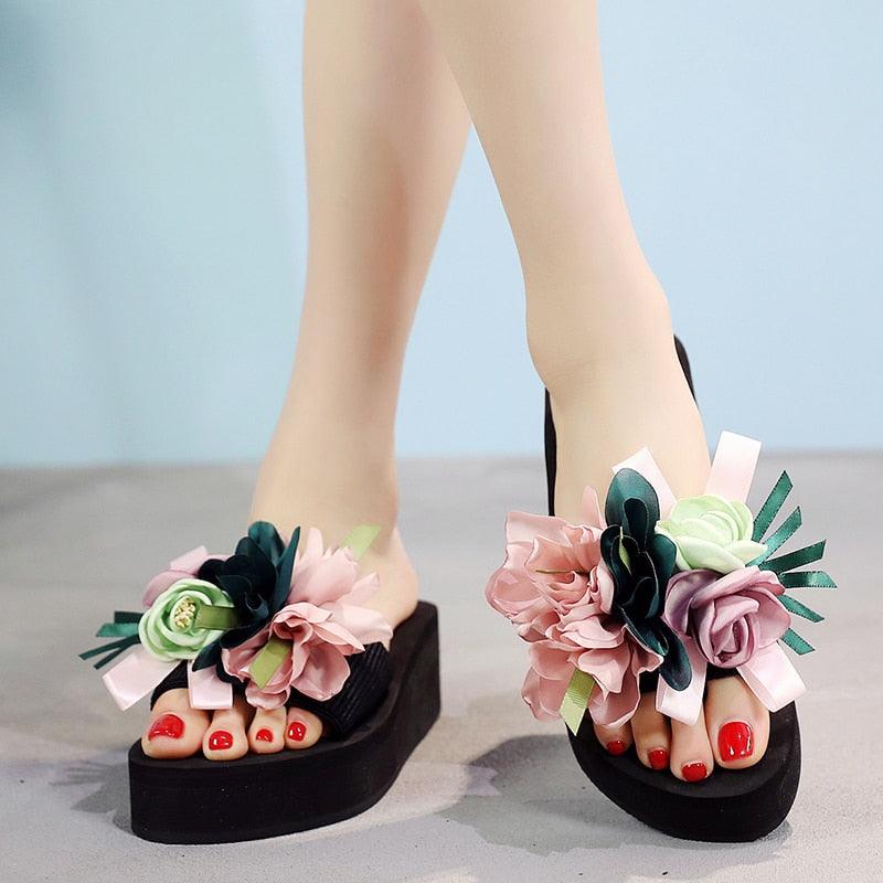 Women Stevvex bow-knot summer sandals with platform heels, indoor-outdoor flip-flops, casual flower design, ideal for beach and summer wear.