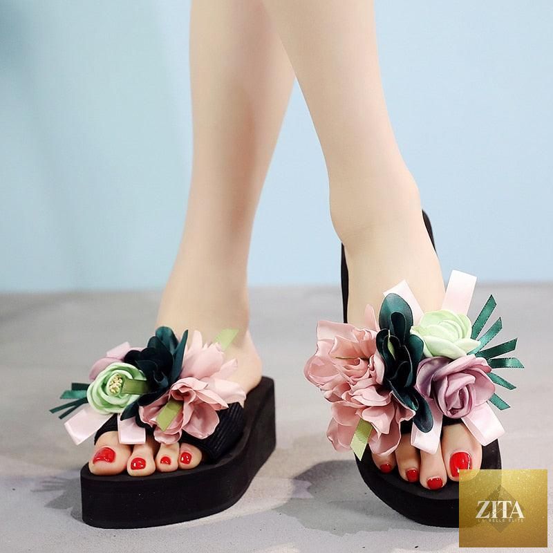Women Stevvex bow summer sandals slip-ons with flower design, high heel, platform, suitable for indoor, outdoor, beach, and casual wear.