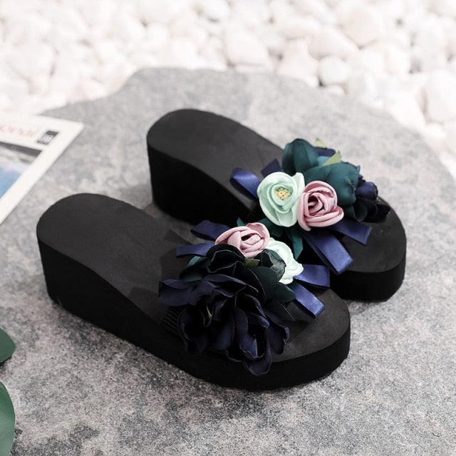 Women Stevvex bow summer sandals with high heels, platform flip-flops, floral design, indoor outdoor beach shoes, casual fashion