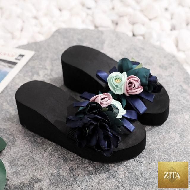 Women Stevvex bow summer sandals, casual flip-flops with flower design, high heel, platform, indoor outdoor beach shoes.