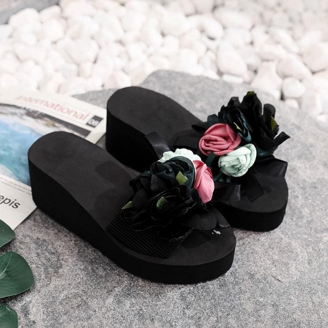 Women Stevvex bow summer sandals, casual flip-flops with floral design, high heels, platform sole, indoor and outdoor beach shoes.