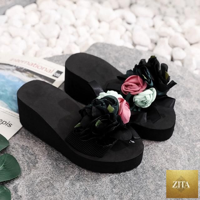 Women Stevvex bow summer sandals with high heels, platform, floral design, indoor outdoor flip-flops, perfect for beach and casual wear.