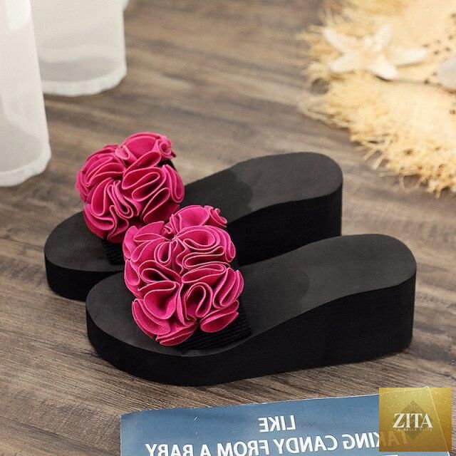 Women Stevvex Bow Summer Sandals with flower design, high heel, platform, indoor-outdoor flip-flops, perfect for beach and casual wear.