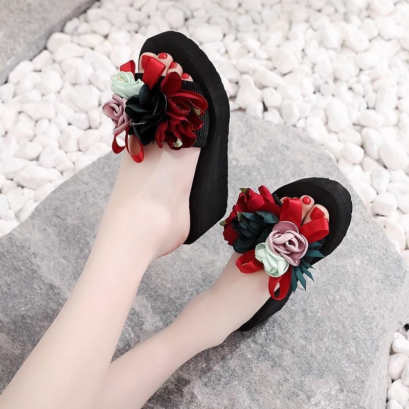 Stevvex women's bow summer sandals with high heels, platform flip-flops, casual flower design, indoor and outdoor beach footwear