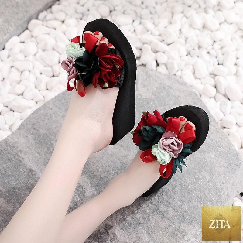 Women Stevvex bow summer sandals with high heels, platform flip-flops, floral design, suitable for indoor, outdoor, and beach wear.