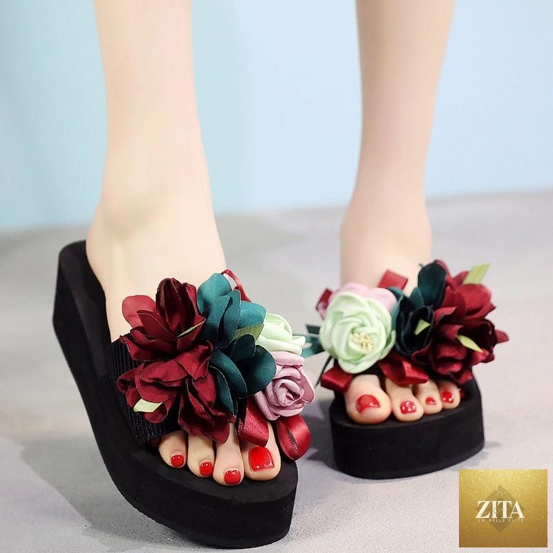 Women Stevvex bow summer sandals with high heels, platform flip-flops, floral design, indoor and outdoor beach shoes.