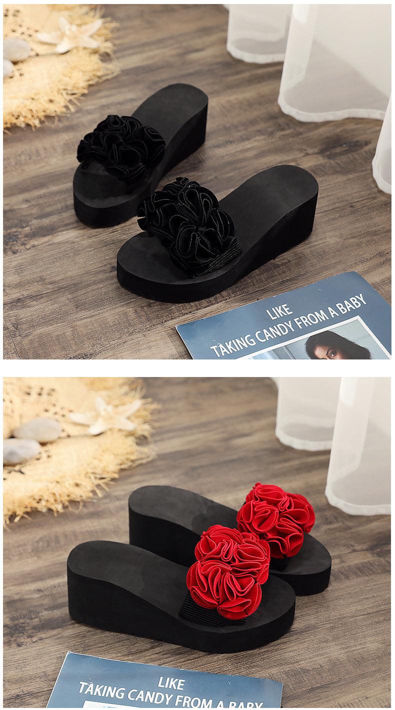 Women Stevvex bow summer sandals with high heels, platform flip-flops, floral design, indoor and outdoor beach footwear.