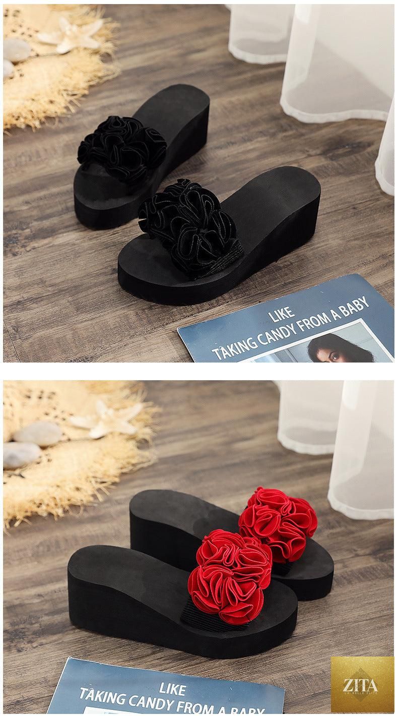 Women Stevvex bow summer sandals with high heels, platform flip-flops, casual flower design, indoor and outdoor beach footwear.