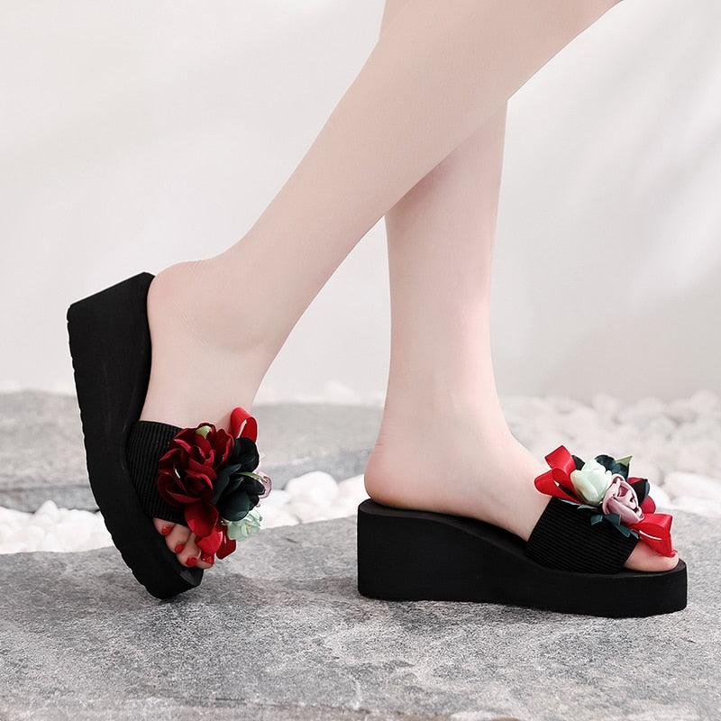 Women Stevvex bow summer sandals with high heels, platform, floral design, suitable for indoor, outdoor, beach, and casual wear.