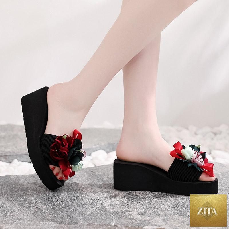 Women Stevvex bow summer sandals with high heels, platform flip-flops, casual flower design, suitable for indoor, outdoor, and beach wear.