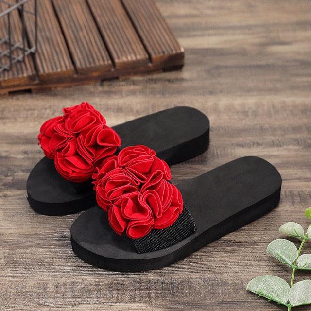 Women Stevvex bow summer flip-flops with high heels, platform design, floral accents, indoor outdoor casual beach sandals.