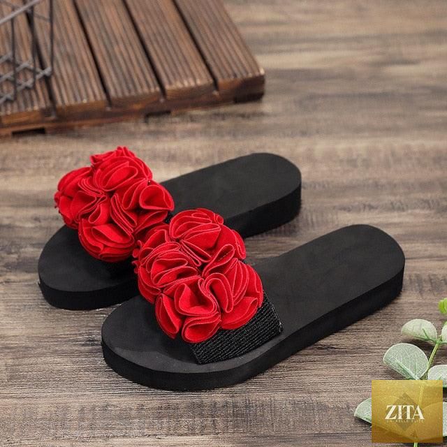 Women Stevvex bow summer sandals slip-ons with high heels, platform design, floral accents, indoor and outdoor beach footwear.
