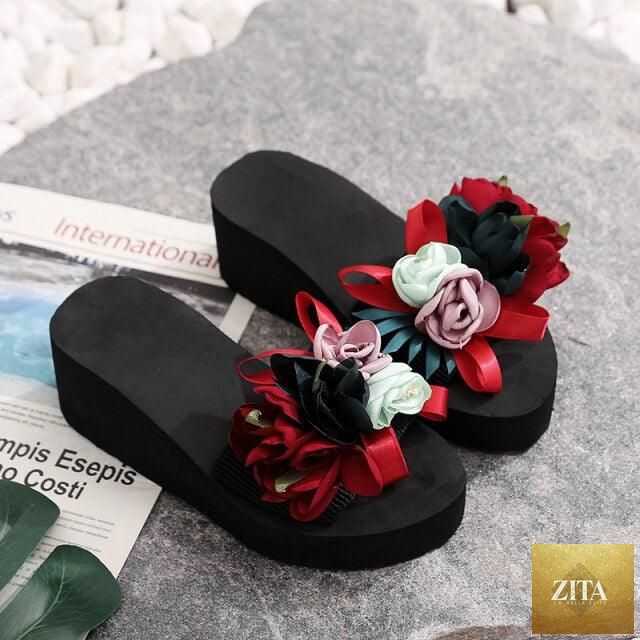 Women Stevvex bow summer sandals with high heels, platform flip-flops, floral design, indoor outdoor casual beach shoes.