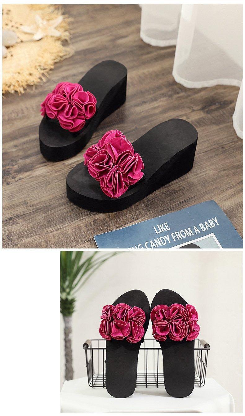 Women Stevvex bow summer sandals with high heels, platform flip-flops, floral design, indoor outdoor casual beach shoes.