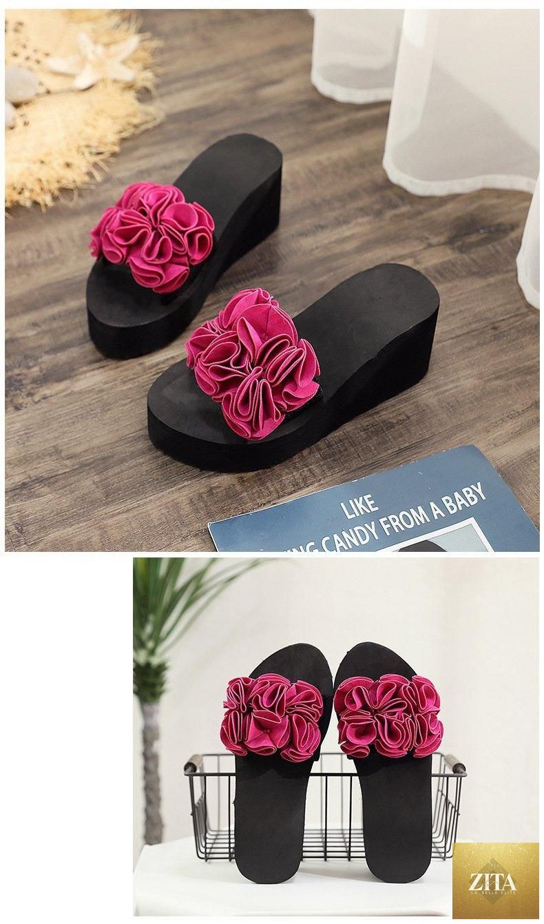 Women Stevvex bow summer sandals with high heels, platform design, floral decoration, indoor-outdoor flip-flops for beach and casual wear.