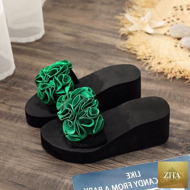 Women Stevvex bow summer sandals with high heels, platform sole, floral design, indoor-outdoor flip-flops for beach and casual wear.