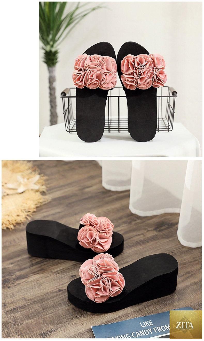 Women Stevvex bow summer sandals with high heels, platform flip flops, floral design, indoor outdoor casual beach shoes.