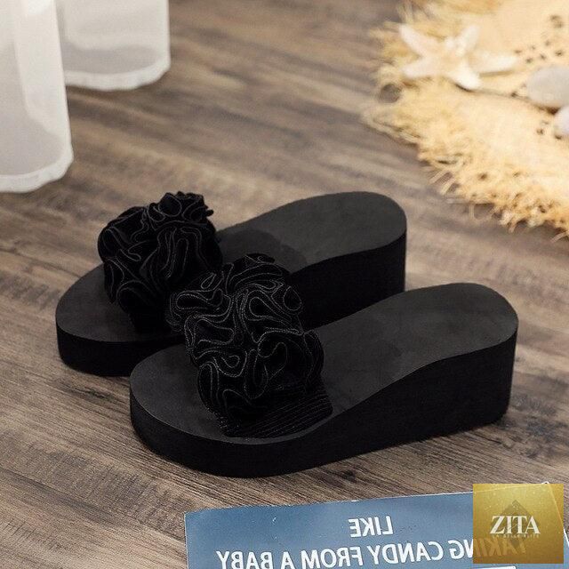 Women Stevvex bow summer sandals with high heels, platform, floral design, indoor and outdoor flip-flops, beach shoes, casual style