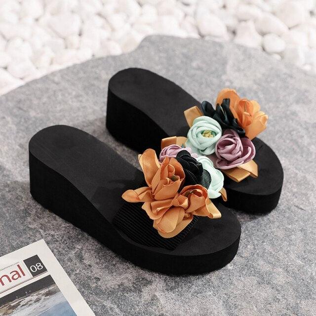 Women Stevvex bow summer sandals with high heels, platform flip-flops, casual beach shoes, floral design, indoor and outdoor wear