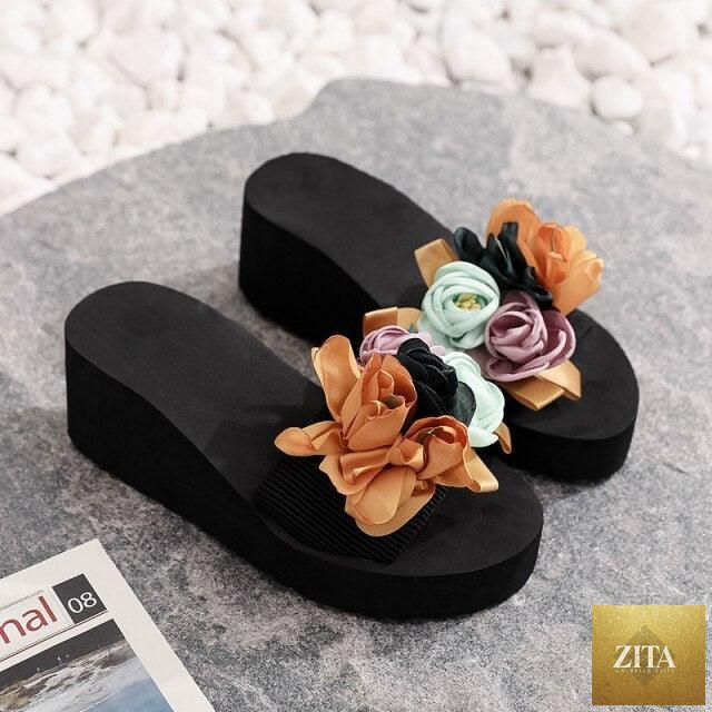Women Stevvex bow summer sandals with high heels, platform flip-flops, floral design, indoor and outdoor beach shoes.