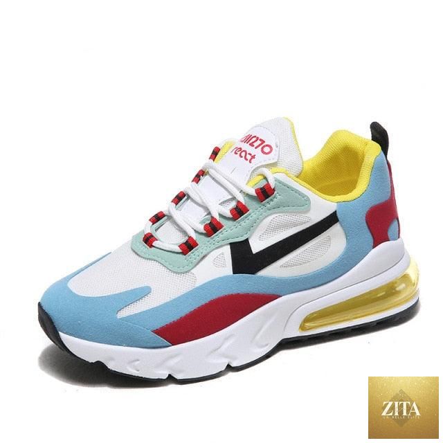 Women Stevvex colorful sneakers with flat thick sole, lightweight design, breathable fabric, ideal for walking, running, and gym workouts.
