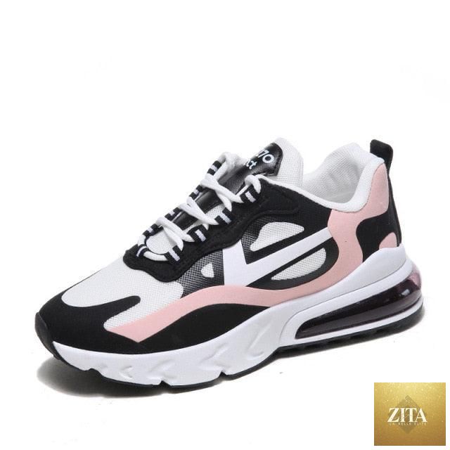 Women Stevvex colorful casual sneakers with flat thick sole, lightweight air cushion, breathable fabric, ideal for walking and running.