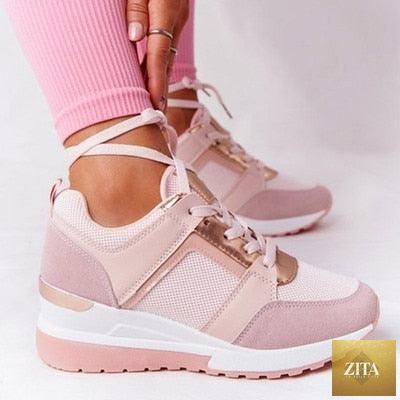 Women Stevvex elegant sneakers with thick soles, breathable mesh, lace-up design, ideal for casual, athletic, and running activities.