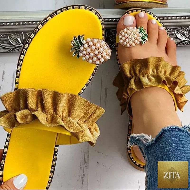Yellow women's flat summer sandals with elegant pineapple design from Stevvex, featuring comfortable and stylish summer footwear.