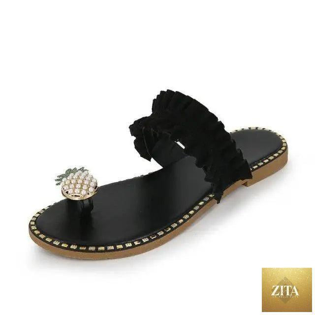 Women’s yellow flat summer sandals by Stevvex with elegant pineapple design, comfortable and perfect for warm weather.