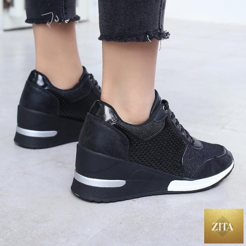 Stevvex women's gold and silver lightweight walking and jogging sneakers with height-increasing design and comfortable casual style.